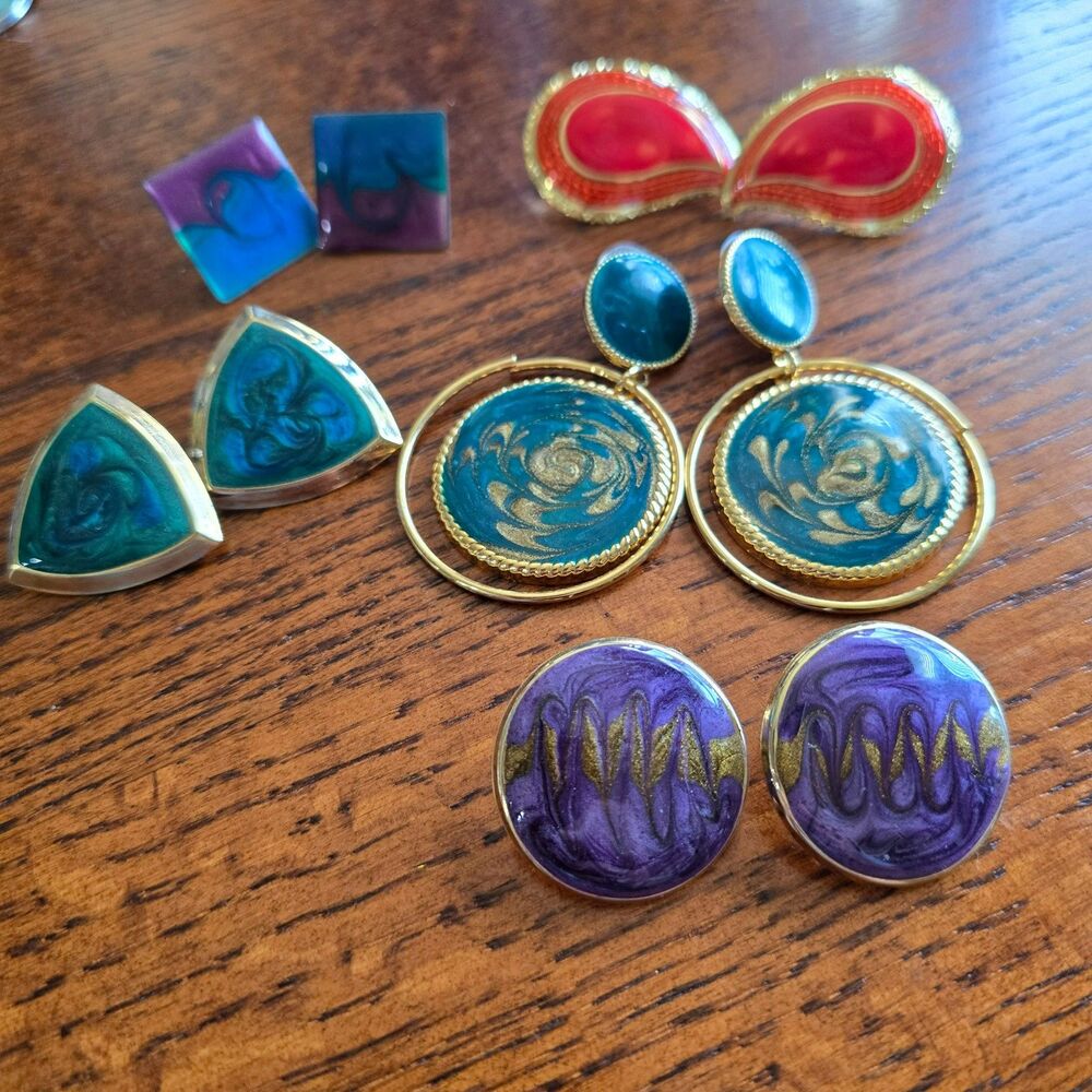 5 Pair of Vintage Edgar Berebi Enamel Pierced Earrings